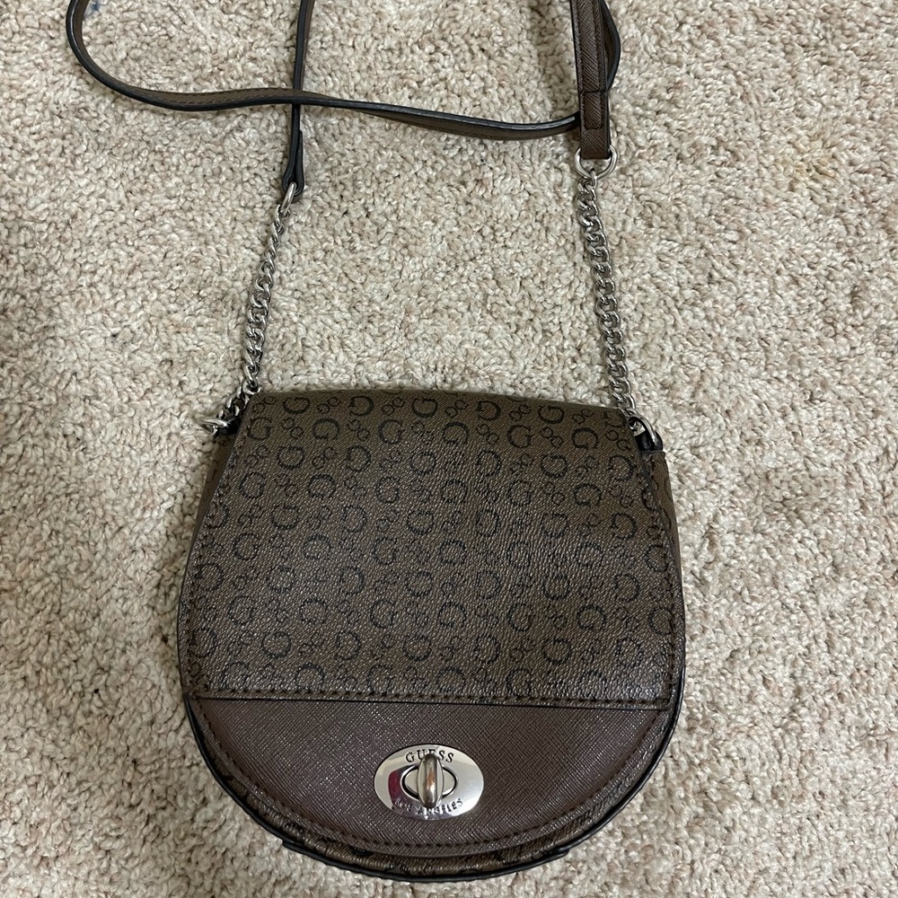 Guess Brown Logo Crossbody Bag with Silver Hardware